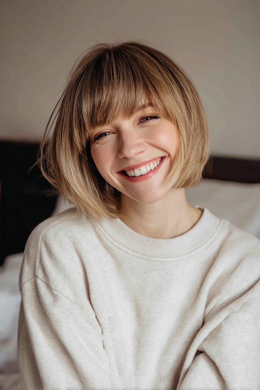 15. Stapelte Bob mit abgerundeten Pony in Karamellwirbel (kurze Bob -Frisuren mit Pony) - kurze Bob -Frisuren mit Pony