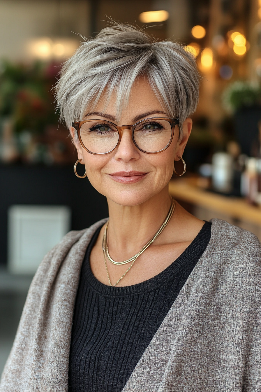 15. Steel Grey Undercut Pixie (Pixie-Haarschnitte für Frauen über 60 mit Brille) – Pixie-Haarschnitte für Frauen über 60 mit Brille