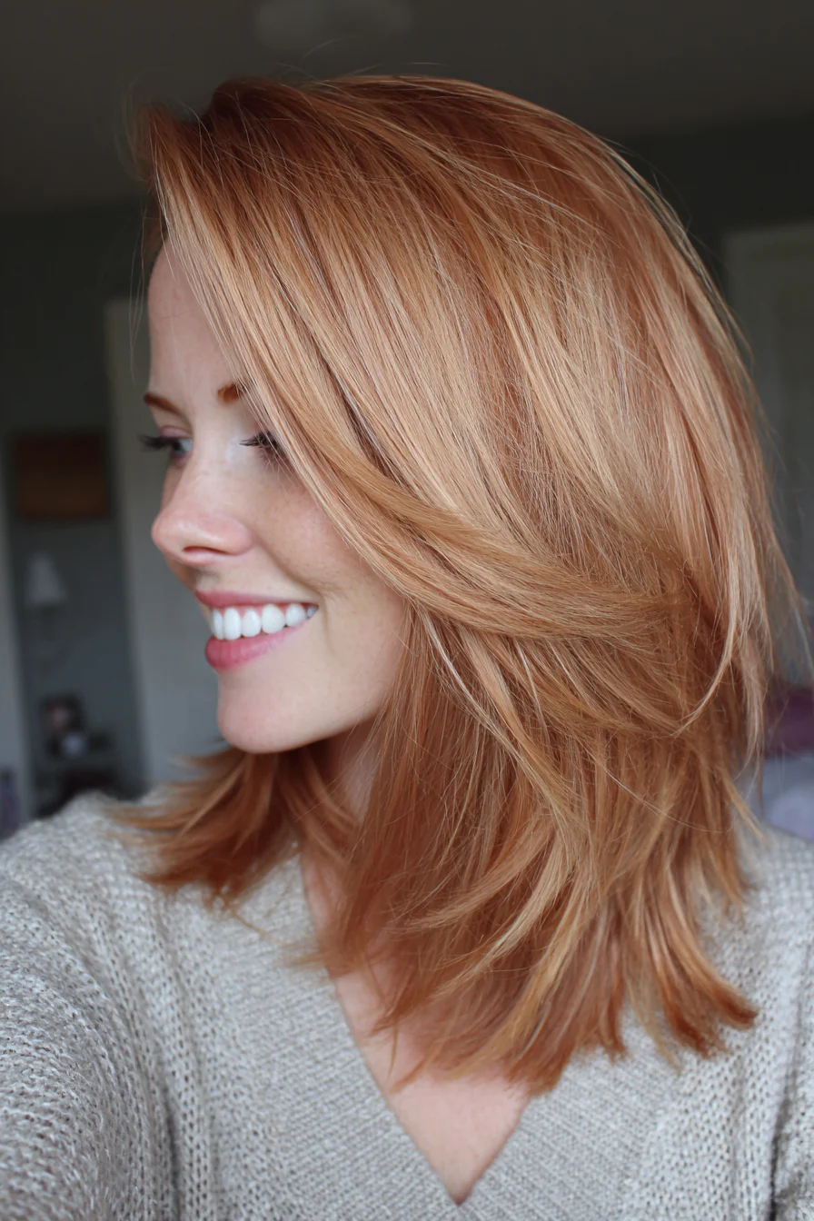 15. Erdbeerblonde, weiche, mittellange Stufen (Stufenfrisuren für dünnes Haar) – Stufenfrisuren für dünnes Haar