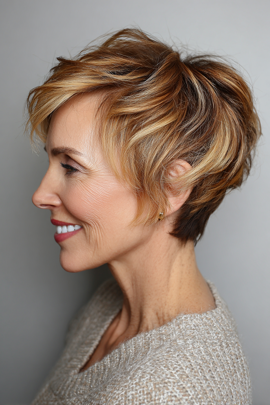 15. Tapered Pixie mit Golden Balayage (Stufen-Pixie-Haarschnitte für Frauen über 60) – Stufen-Pixie-Haarschnitte für Frauen über 60