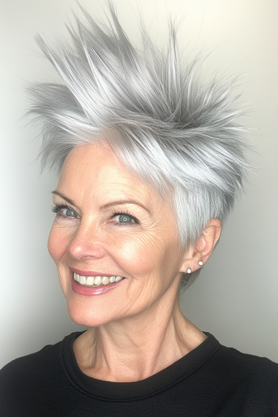 15. Tapered Silver Spike Pixie mit Volumenkrone (Spiky Short Haircuts für Frauen über 60) - Stachelnde kurze Haarschnitte für Frauen über 60