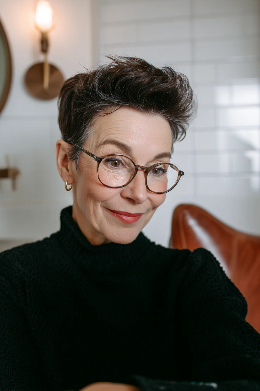 15. Strukturierter dunkelbrauner Haarschnitt mit eckiger Form (Frisuren für ältere Frauen mit Brille) – Frisuren für ältere Frauen mit Brille