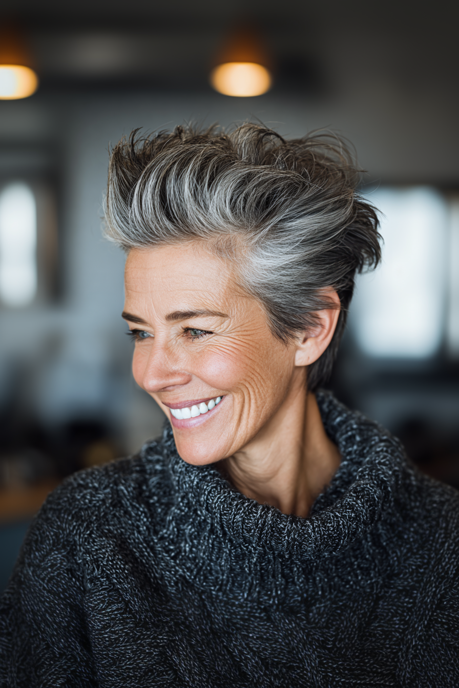 15. strukturierte Stahlgrau -Quiff (Stachelfrisuren für Frauen über 50) - Stachelnde Frisuren für Frauen über 50