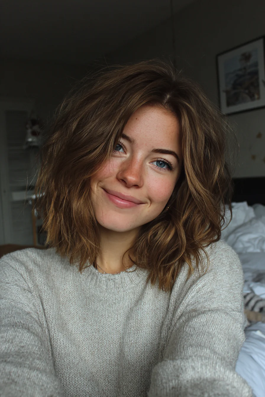 15. Zerzauste Schichten mit neutralem Brunette (Schulterlange Frisuren für Frauen) – Schulterlange Frisuren für Frauen