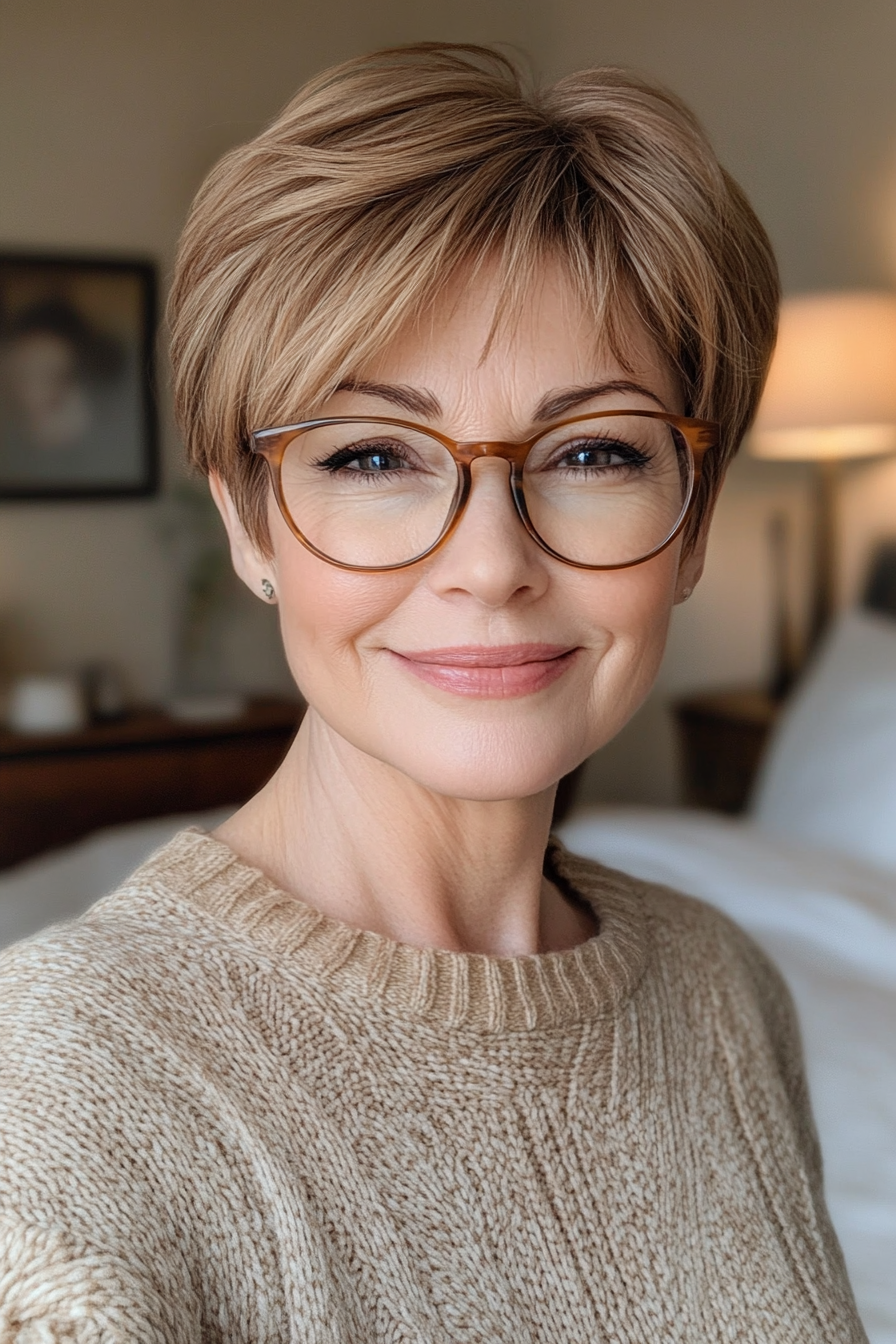 15. Undertatete Honigbraune Pixie (Pixie -Haarschnitte für Frauen über 50 mit Brillen) - Pixie -Haarschnitte für Frauen über 50 mit Brille