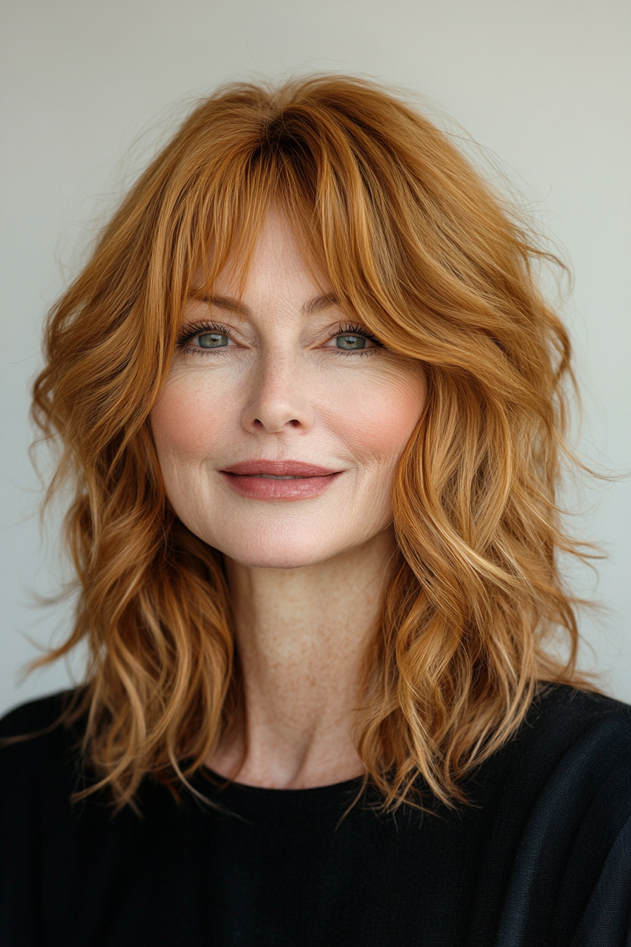 15. Wellener Bob mit Vorhang Pony in Erdbeerblonde (Hüftfrisuren für Frauen über 50) - Hüftfrisuren für Frauen über 50