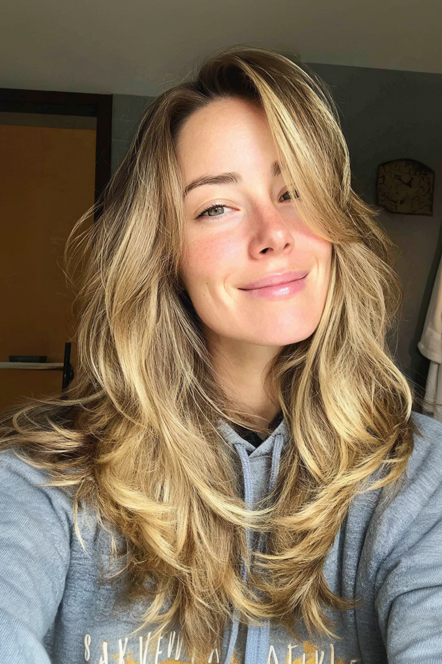 15. windgepeitschte Schichten mit goldener Balayage (geschichtete Haarschnitte für Frauen) - geschichtete Haarschnitte für Frauen