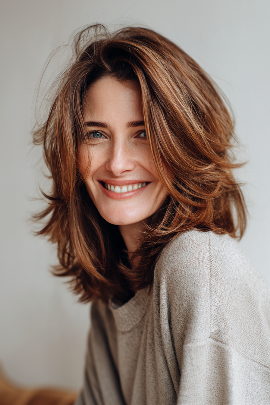 15. Wispy Schichten mit zimtbrauner Basis (mittelgroße Geschichtsfrisuren für Frauen über 40) - mittelgroße Geschichtfrisuren für Frauen über 40