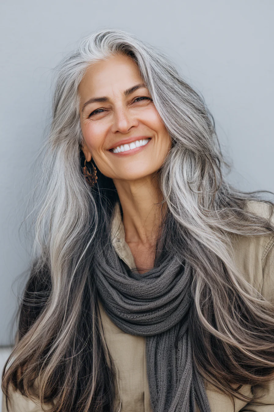 16. Luftgetrocknete Textur mit natürlichem Grau (Langhaarfrisuren für Frauen über 60) – Lange Frisuren für Frauen über 60