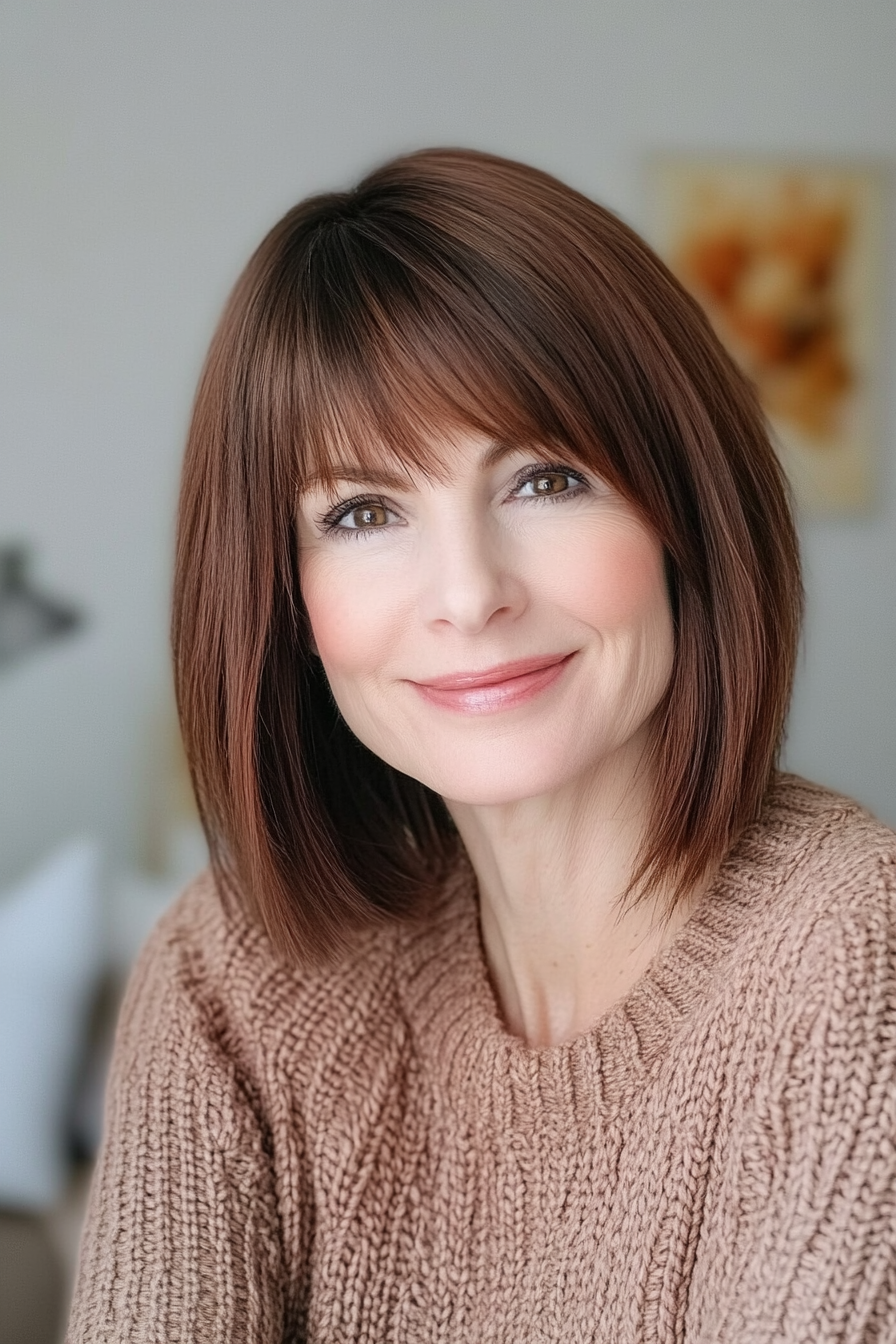 16. Abgleer Bob mit langen Seitenbongs in Kastanienbraun (Haarschnitte für Frauen über 60 mit Pony) - Haarschnitte für Frauen über 60 mit Pony