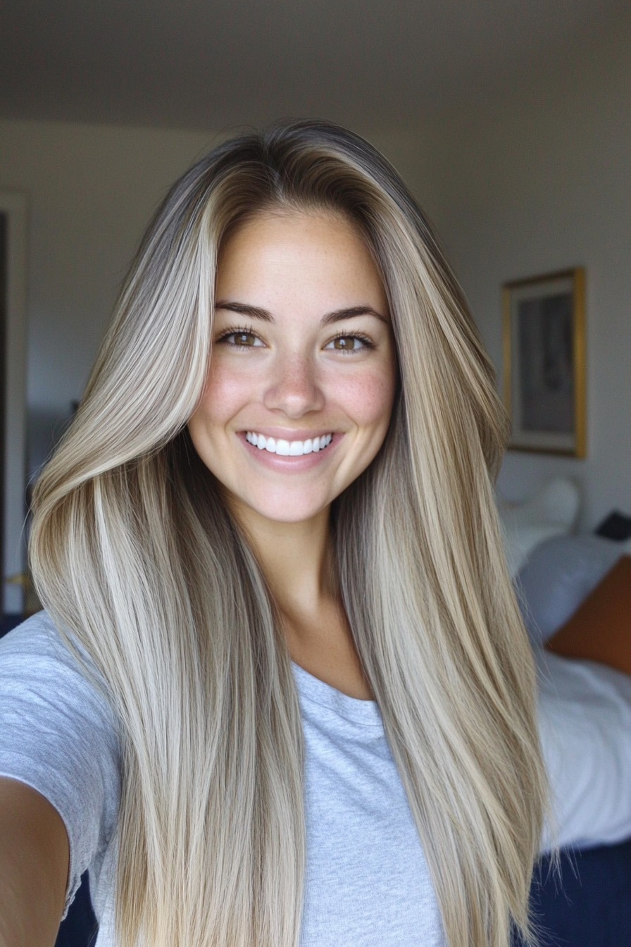 16. Ascheblonde lange Schichten mit glattem Finish (glatte Haarhaarschnitte) - Straight Hair Haircuts