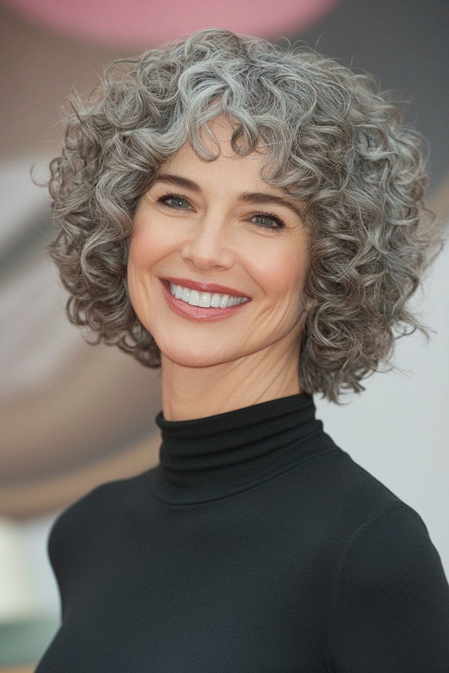 16. Aschebraune lockige Schüssel geschnitten (kurze lockige Frisuren für Frauen über 50 mit grauem Haar) - kurze lockige Frisuren für Frauen über 50 mit grauen Haaren