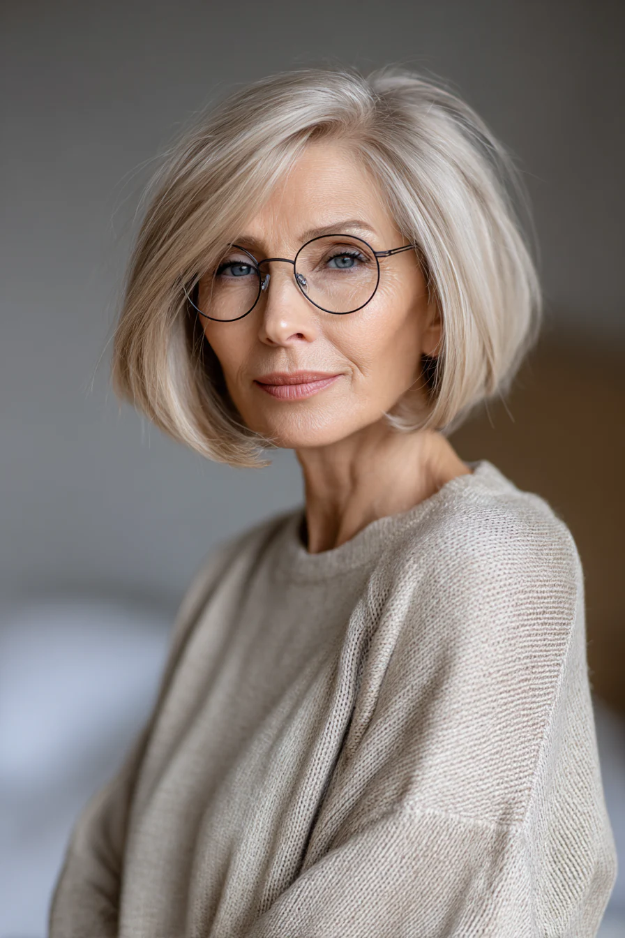 16. Beigeblonder, abgestufter Bob mit weichen Winkeln (Frisuren für ältere Frauen mit Brille) – Frisuren für ältere Frauen mit Brille