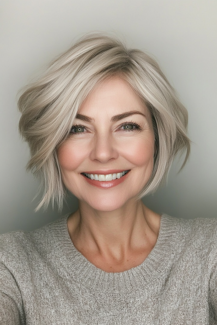 16. Beige Blonde ordentlicher Stack (kurze Haarschnitte für Frauen über 50) - kurze Haarschnitte für Frauen über 50