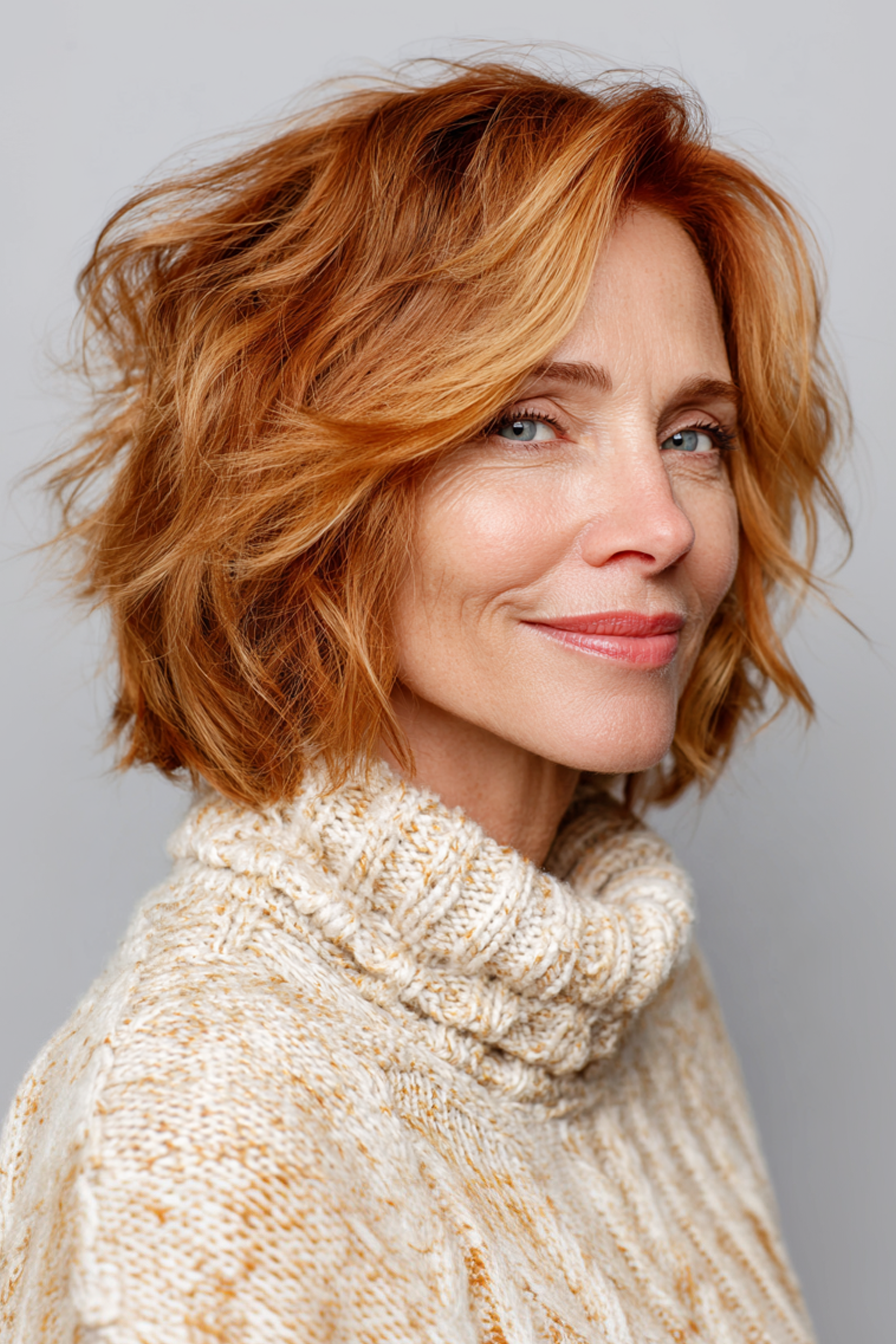 16. Ausgeblasener Bob mit langen Stufen – Copper Honey Lowlights (Mittellange Haarschnitte für Frauen über 50 mit feinem Haar) – Mittellange Haarschnitte für Frauen über 50 mit feinem Haar