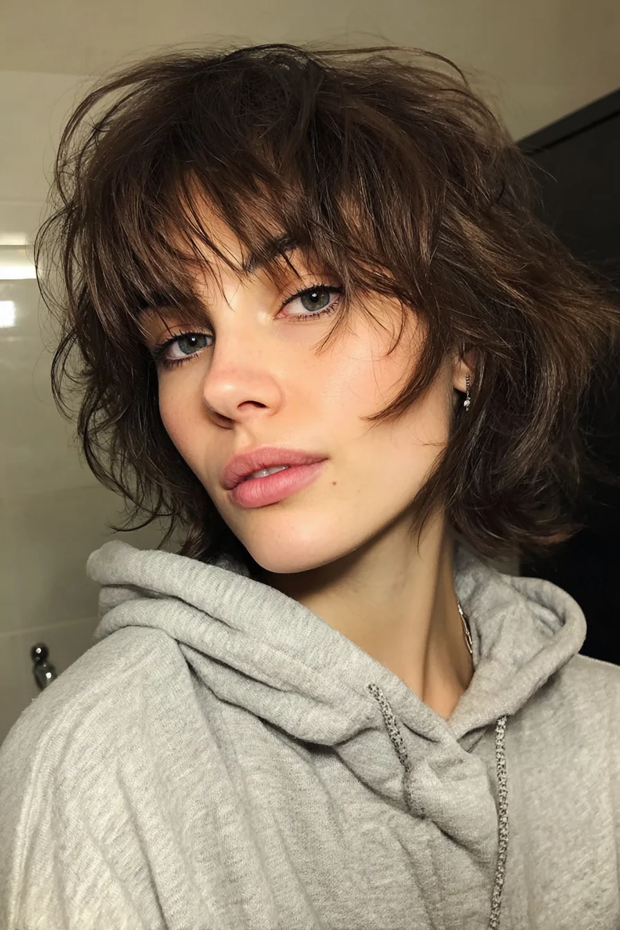 16. Brünetter Shag-Bob mit gefiederter Krone (kurze zottelige Frisuren für ältere Frauen) – Kurze zottelige Frisuren für ältere Frauen