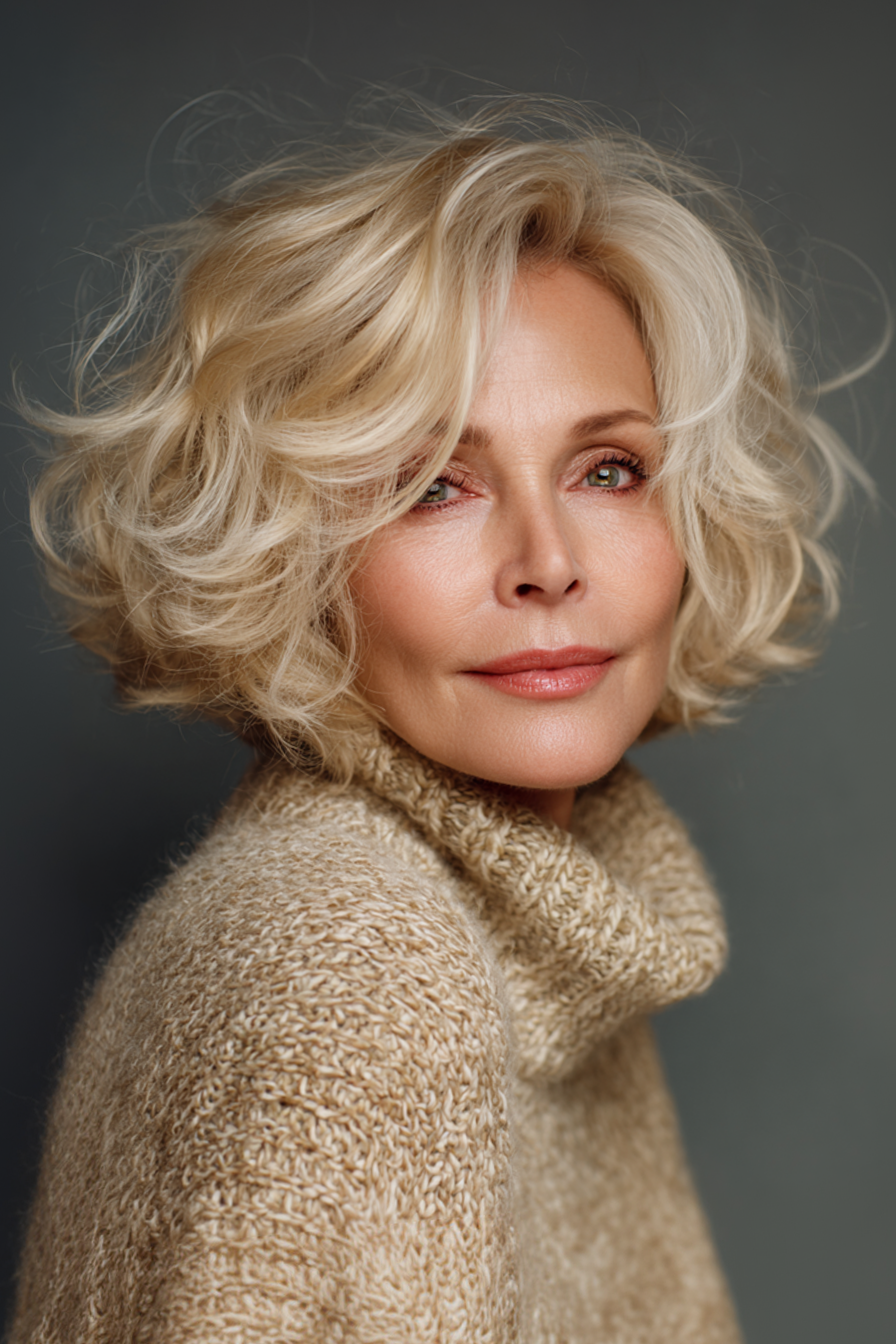 16. Champagner Blonde Wellenschnitt (kurze Frisuren für Frauen über 50 mit welligen Haaren) - kurze Frisuren für Frauen über 50 mit welligen Haaren