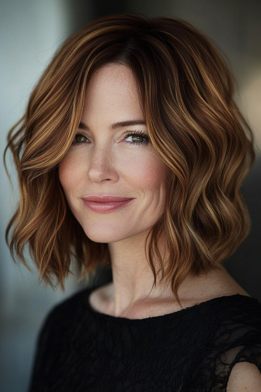 16. Kastanienwellenwellenbob mit Wurzelschatten (trendige Haarschnitte für Frauen über 40) - trendige Haarschnitte für Frauen über 40