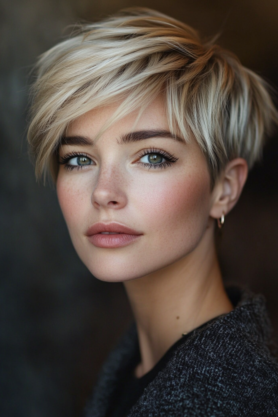 16. abgehackte Pixie in cooler dunkler Blondine (schicke kurze Frisuren für Frauen über 40) - schicke kurze Frisuren für Frauen über 40