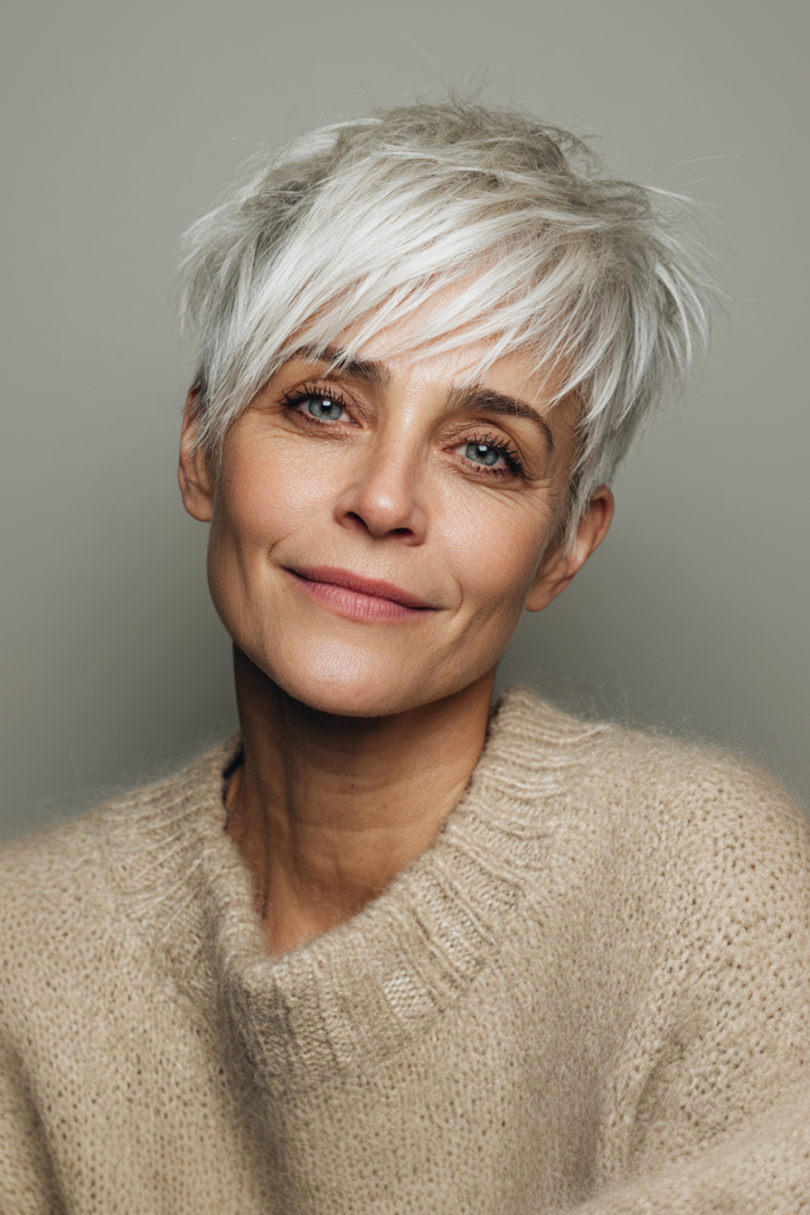 16. abgehackte Pixie mit kühlen Platinakzenten (Sommerfrisuren für Frauen über 50) - Sommerfrisuren für Frauen über 50