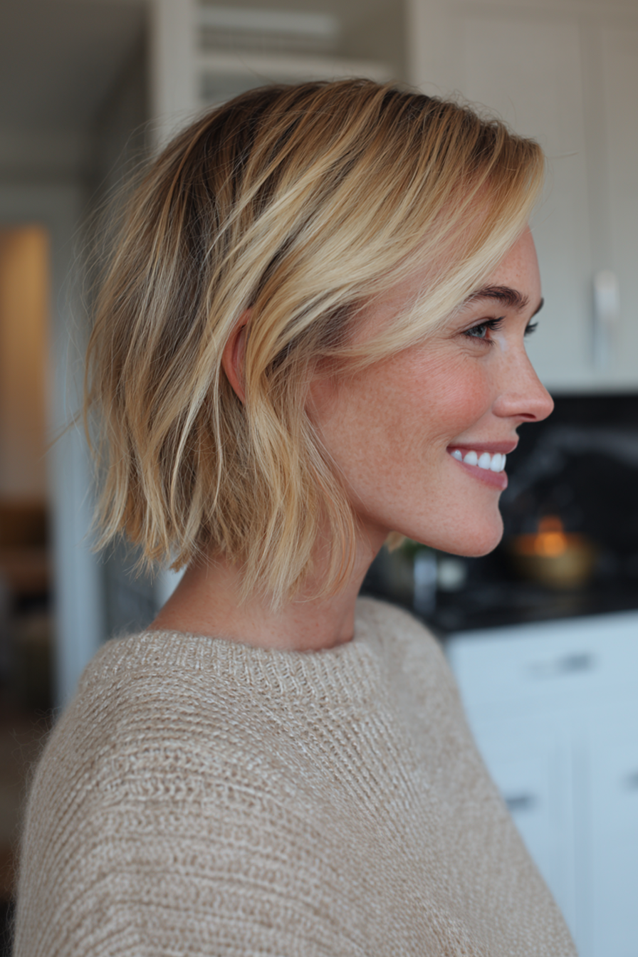 16. Colarbone Bob mit sandigen blonden Highlights (mittelgroß