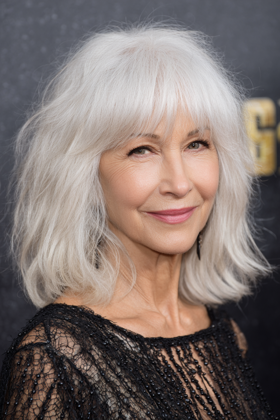 16. Cremeweißer, zerzauster Lob mit Pony (Weiße Frisuren für Frauen über 50) – Weiße Frisuren für Frauen über 50