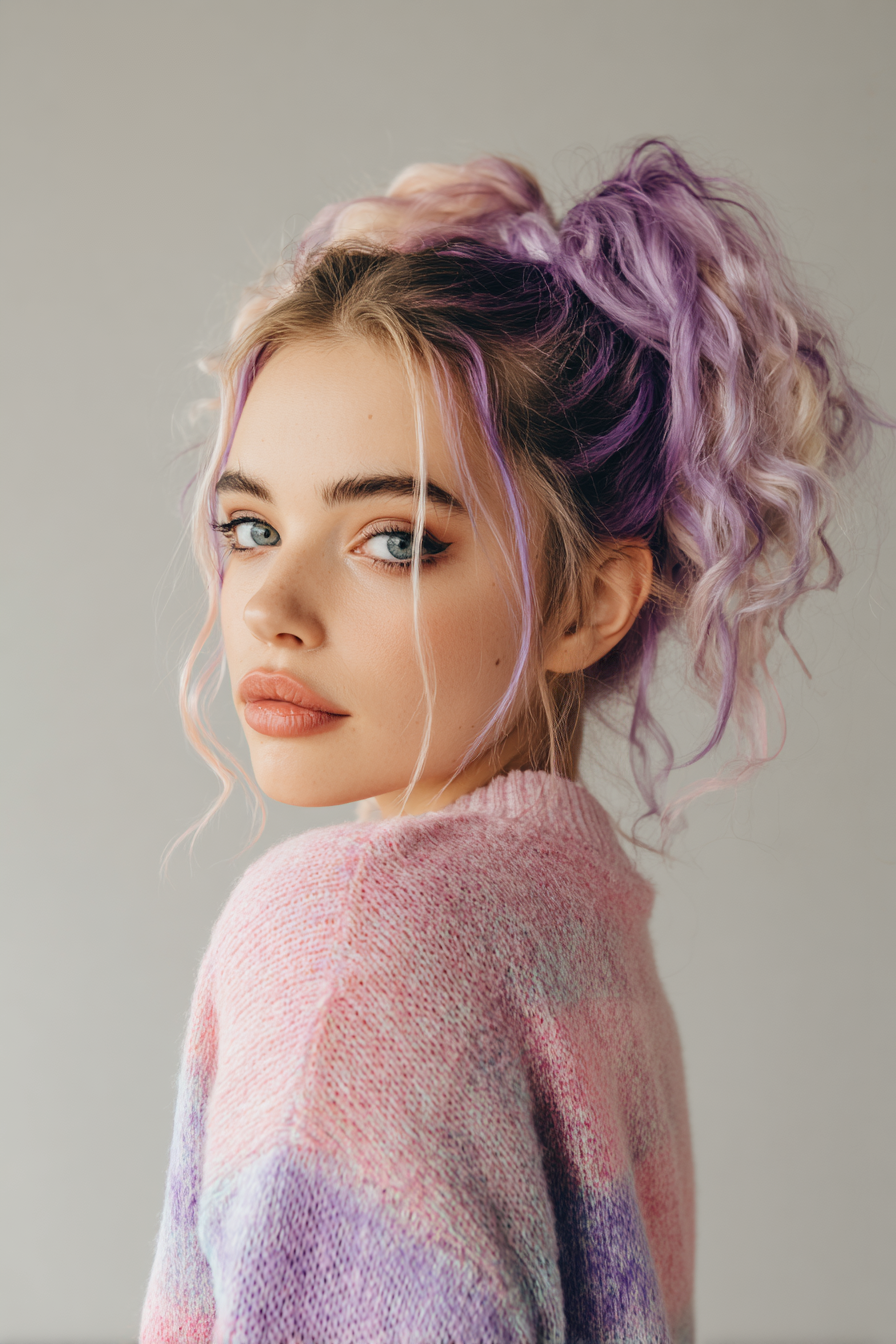 16. Crimpiertes Pferdeschwanz mit lila Akzenten (80er Jahre Frisuren für Frauen) - 80er Jahre Frisuren für Frauen