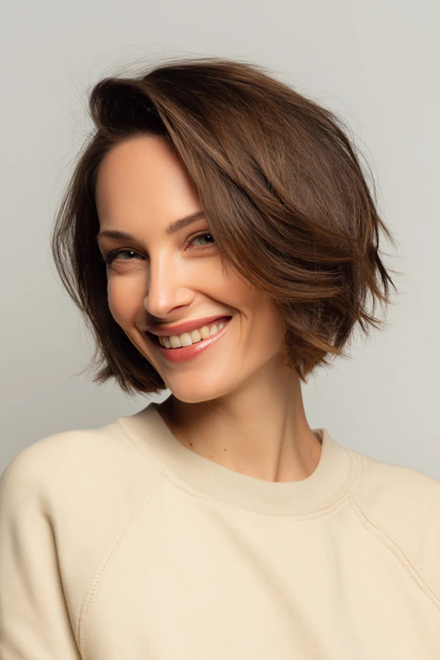 16. Kurzer, geschichteter Bob in neutralem Braun (Kurzhaarschnitte für Frauen über 40 mit feinem Haar) – Kurzhaarschnitte für Frauen über 40 mit feinem Haar