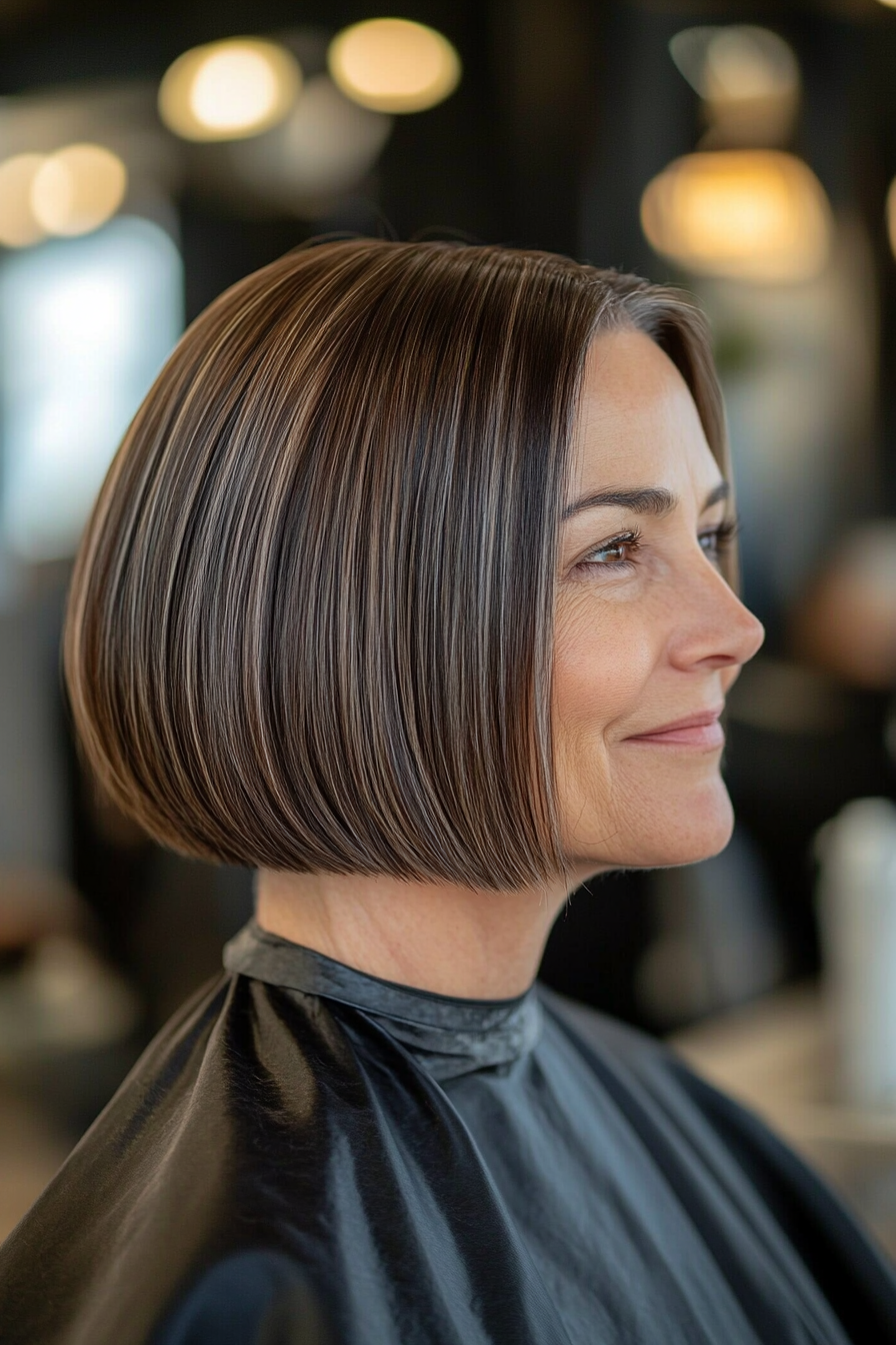 16. Espresso gerade stumpfe Bob mit Glanzfinish (stumpfe Haarschnitte für Frauen über 60) - Stumpfe Haarschnitte für Frauen über 60