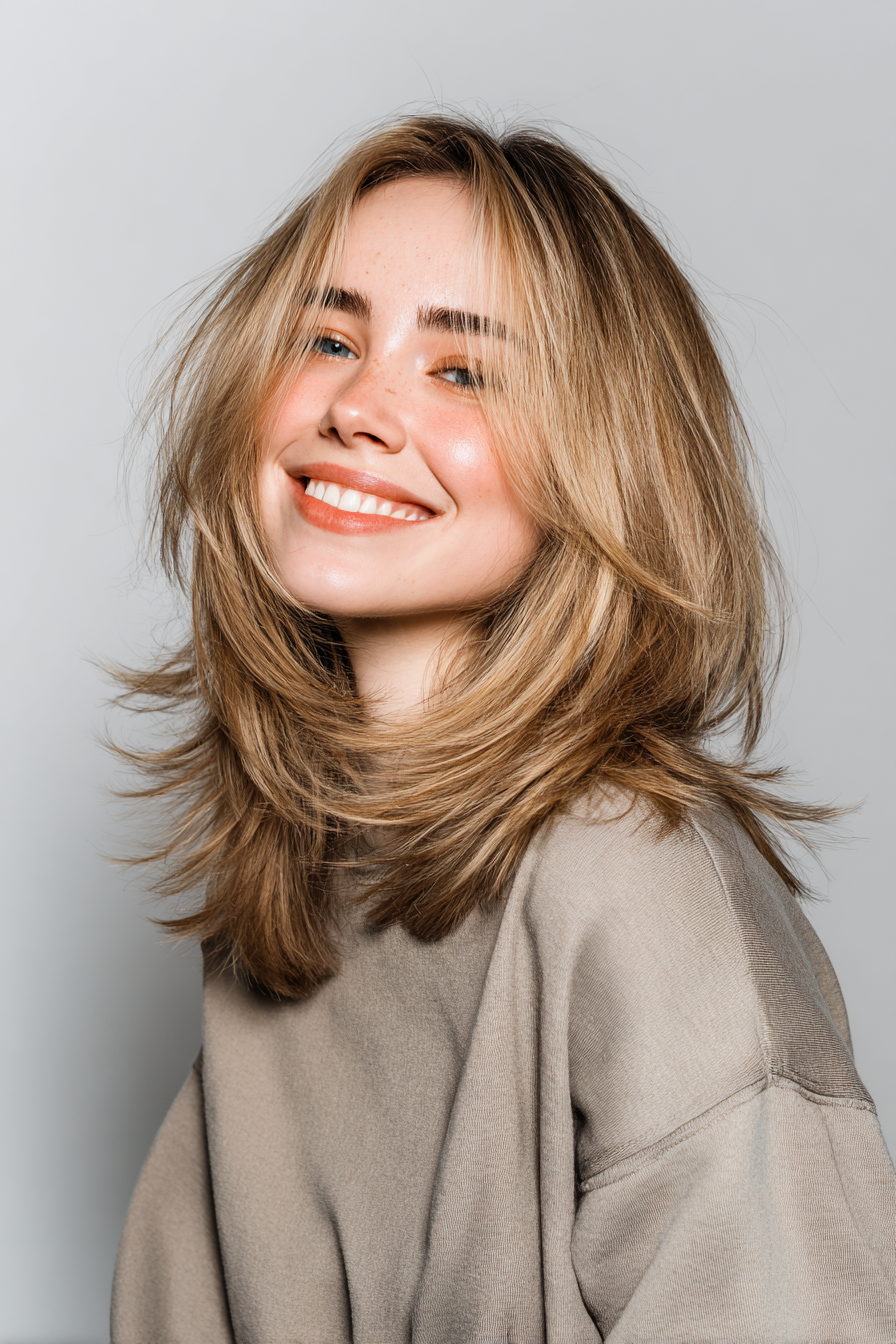 16. Federned Schichten mit goldener Balayage (Haarschnitte für Frauen) - Haarschnitte für Frauen