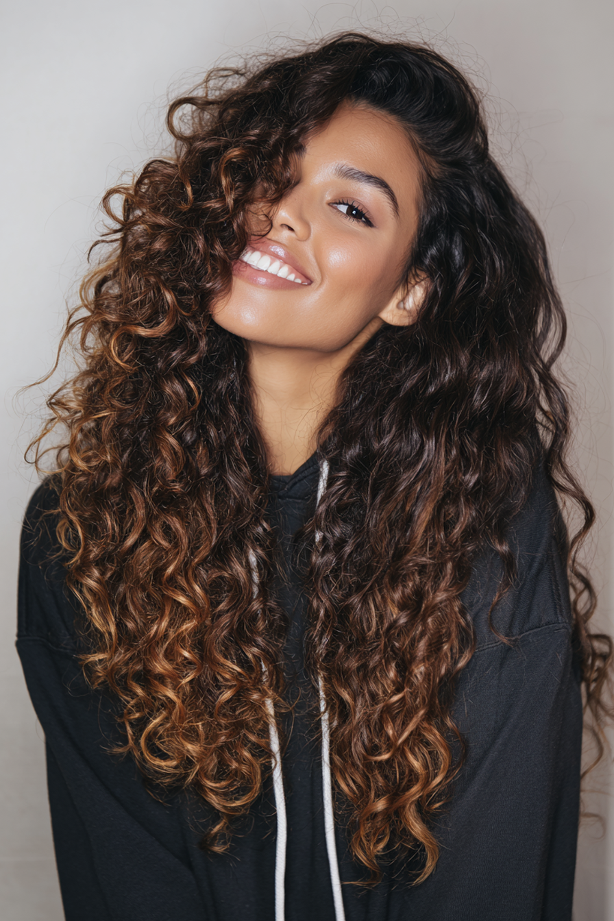 16. Glamschichten mit Ahornglasur (lange Haarschnitte für lockiges Haar) - lange Haarschnitte für lockiges Haar