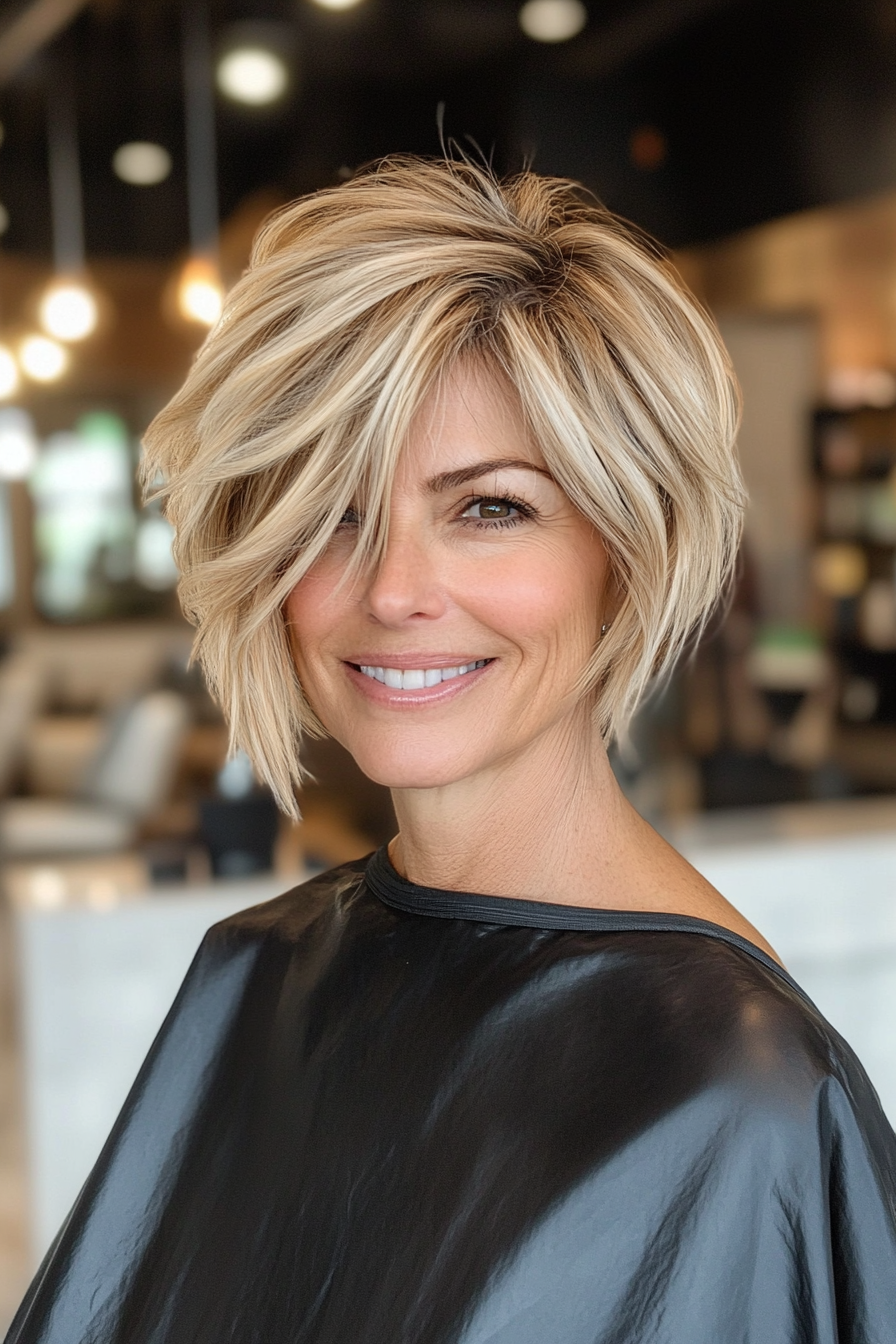 16. Golden Blondes asymmetrische Bob (elegante kurze Frisuren für ältere Frauen) - Elegante kurze Frisuren für ältere Frauen
