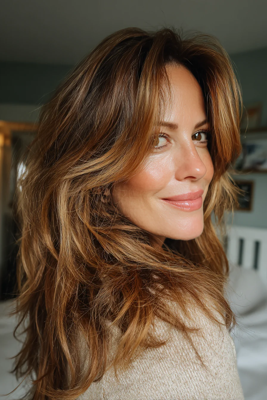 16. Goldbrauner Shag mit dezenter Umrahmung des Gesichts (Long Shag-Frisuren für Frauen über 50) – Long Shag-Frisuren für Frauen über 50