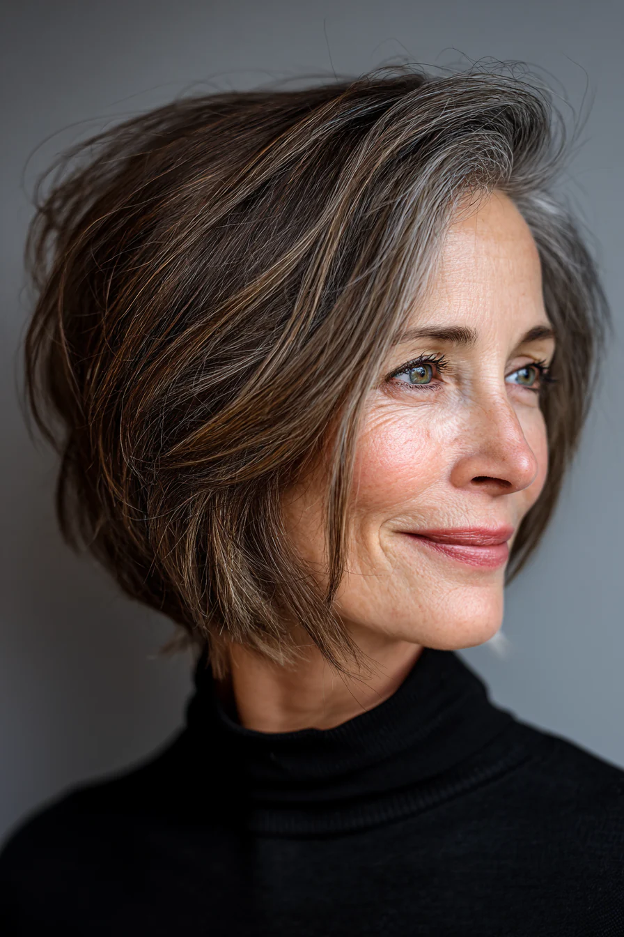 16. Abgestufter Bob in Kastanienbraun mit dezenter Graumischung (Bob-Frisuren für Frauen über 60 mit feinem Haar) – Bob-Frisuren für Frauen über 60 mit feinem Haar