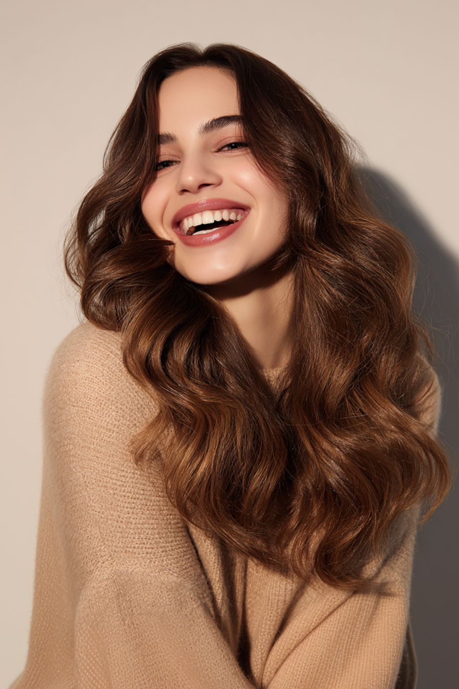 16. Hollywood -Wellen mit warmer Brünette (lange Haarschnitte für ovales Gesicht) - lange Haarschnitte für ovales Gesicht