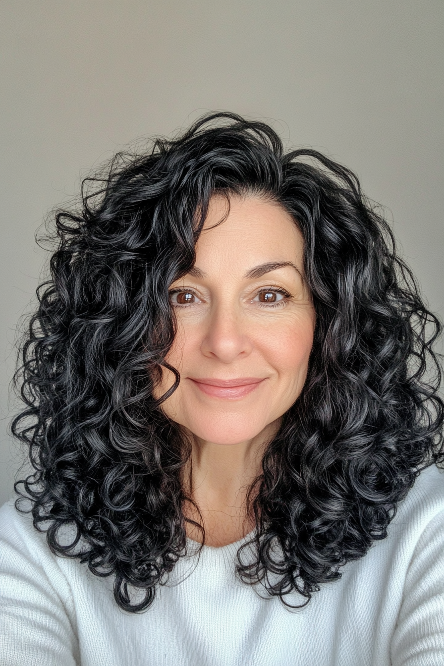 16. Jet Black definierte Locken (lockige Haarschnitte für Frauen über 50) - lockige Haarschnitte für Frauen über 50