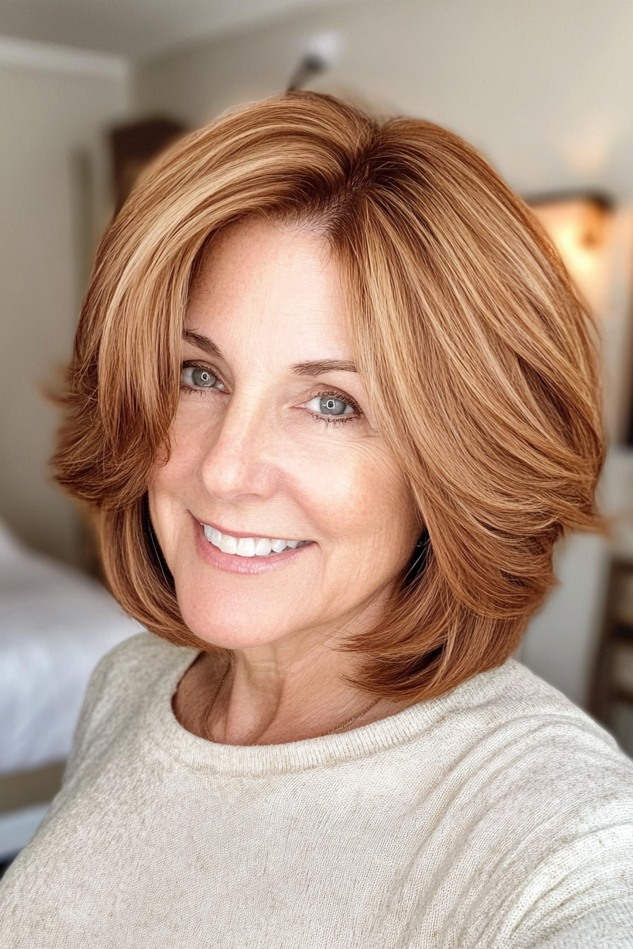 16. Layered Bob in Karamellbraun (Ausschnittslänge Haarschnitte für ältere Frauen) - Ausschnittslänge Haarschnitte für ältere Frauen