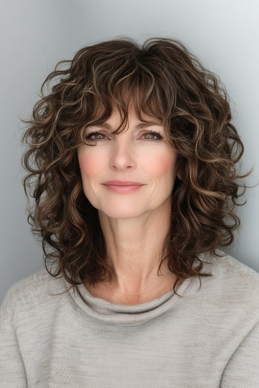 16. geschichtete lockige Ernte mit kühlen braunen Untertönen (lockige Frisuren für Frauen über 50 mit Pony) - lockige Frisuren für Frauen über 50 mit Pony