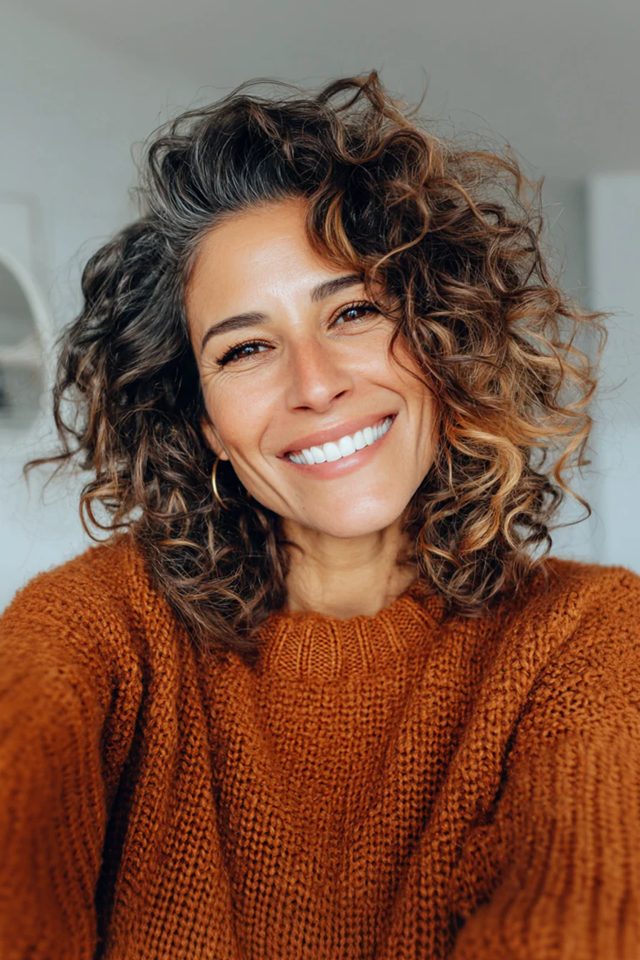 16. Layered Curly Cut mit Zimt-Highlights (Mittellange Lockenhaarschnitte für Frauen über 40) – Mittellange Lockenhaarschnitte für Frauen über 40