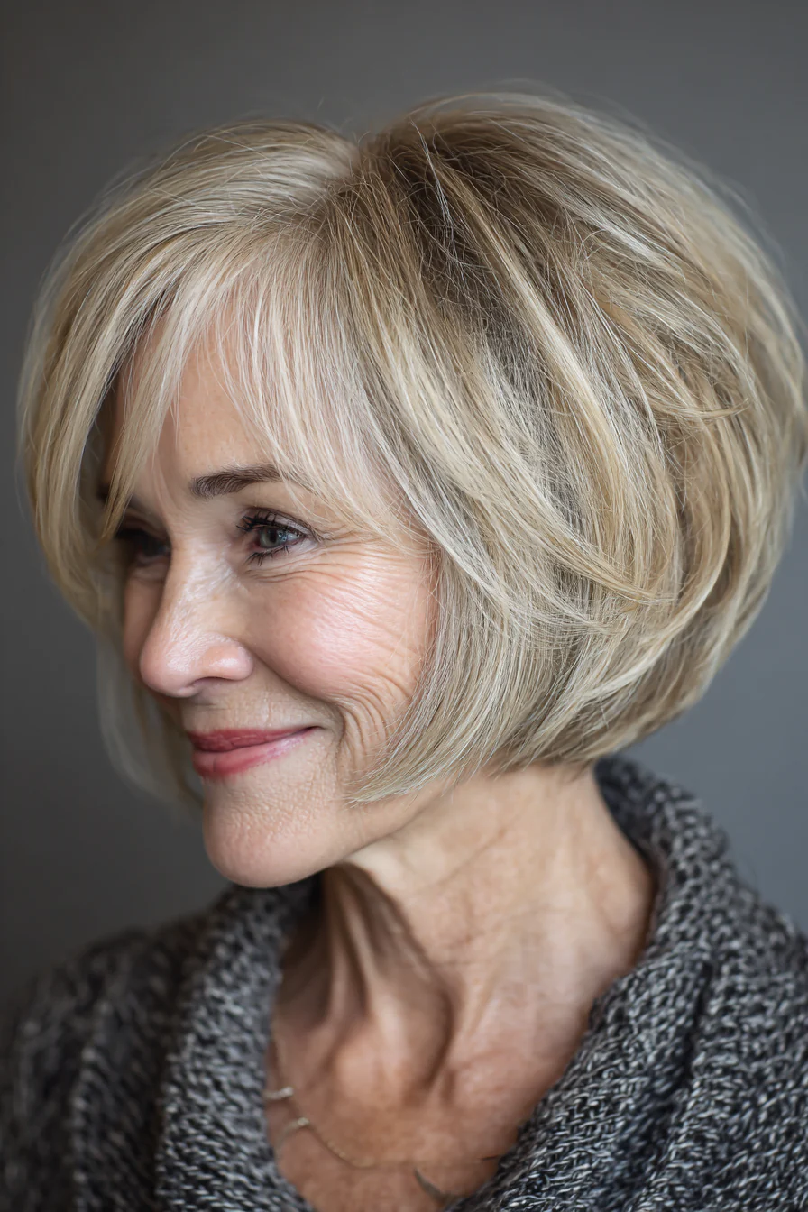 16. Ohrenlanger Bob mit Stufen – Sandblond (kurze Frisuren für ältere Frauen mit dickem Haar) – Kurze Frisuren für ältere Frauen mit dickem Haar