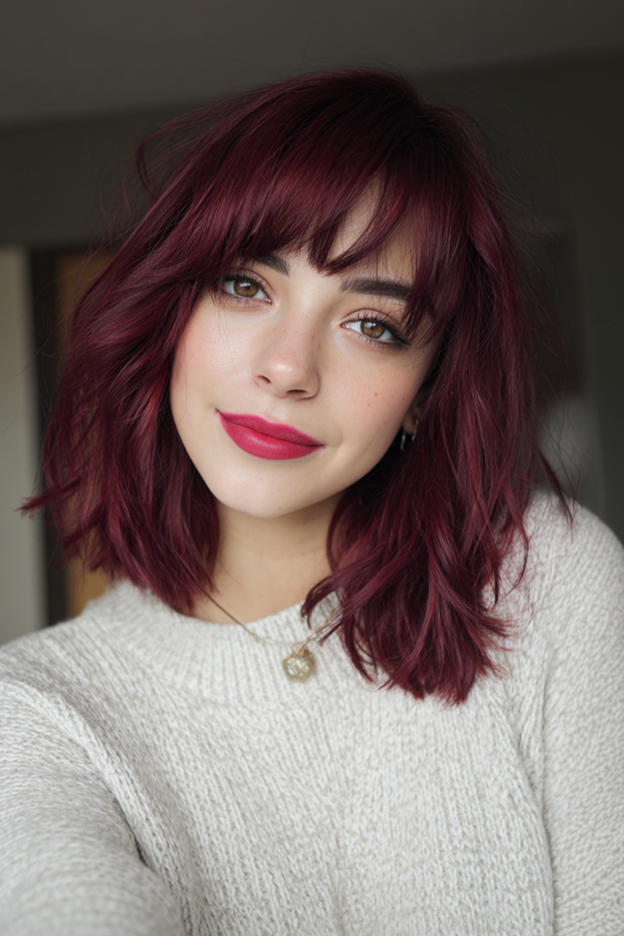16. Layered Lob mit burgunderfarbenen Pony (lange Bob -Frisuren mit Pony) - lange Bob -Frisuren mit Pony
