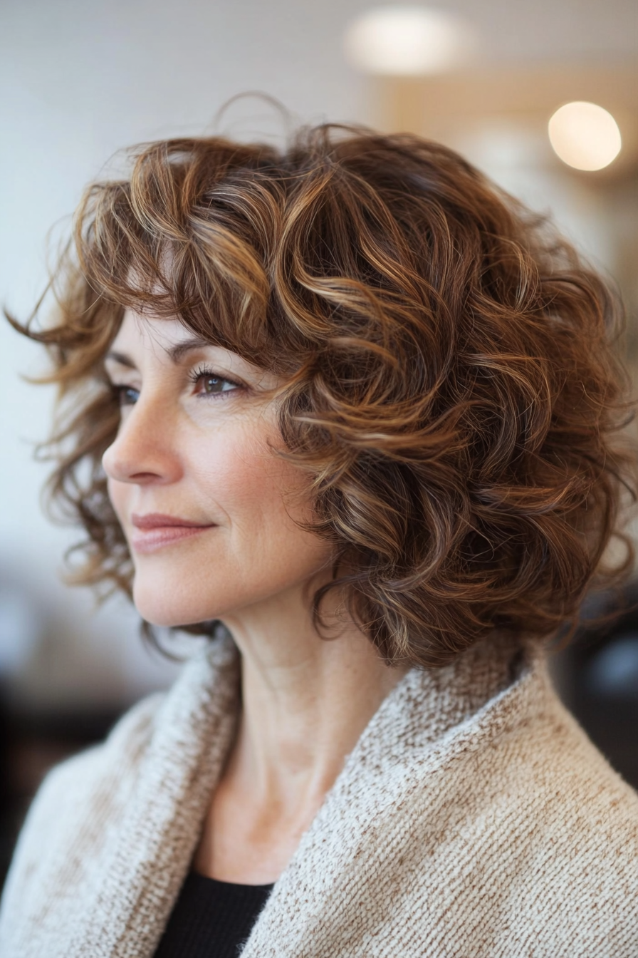 16. Midi geschnitten mit warmem Braun (Haarschnitte für Frauen über 50 mit lockigem Haar) - Haarschnitte für Frauen über 50 mit lockigem Haar