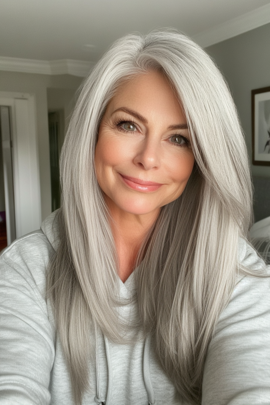 16. Layered Pearl Grey Midi Cut (schicke Frisuren für Frauen über 50) - schicke Frisuren für Frauen über 50