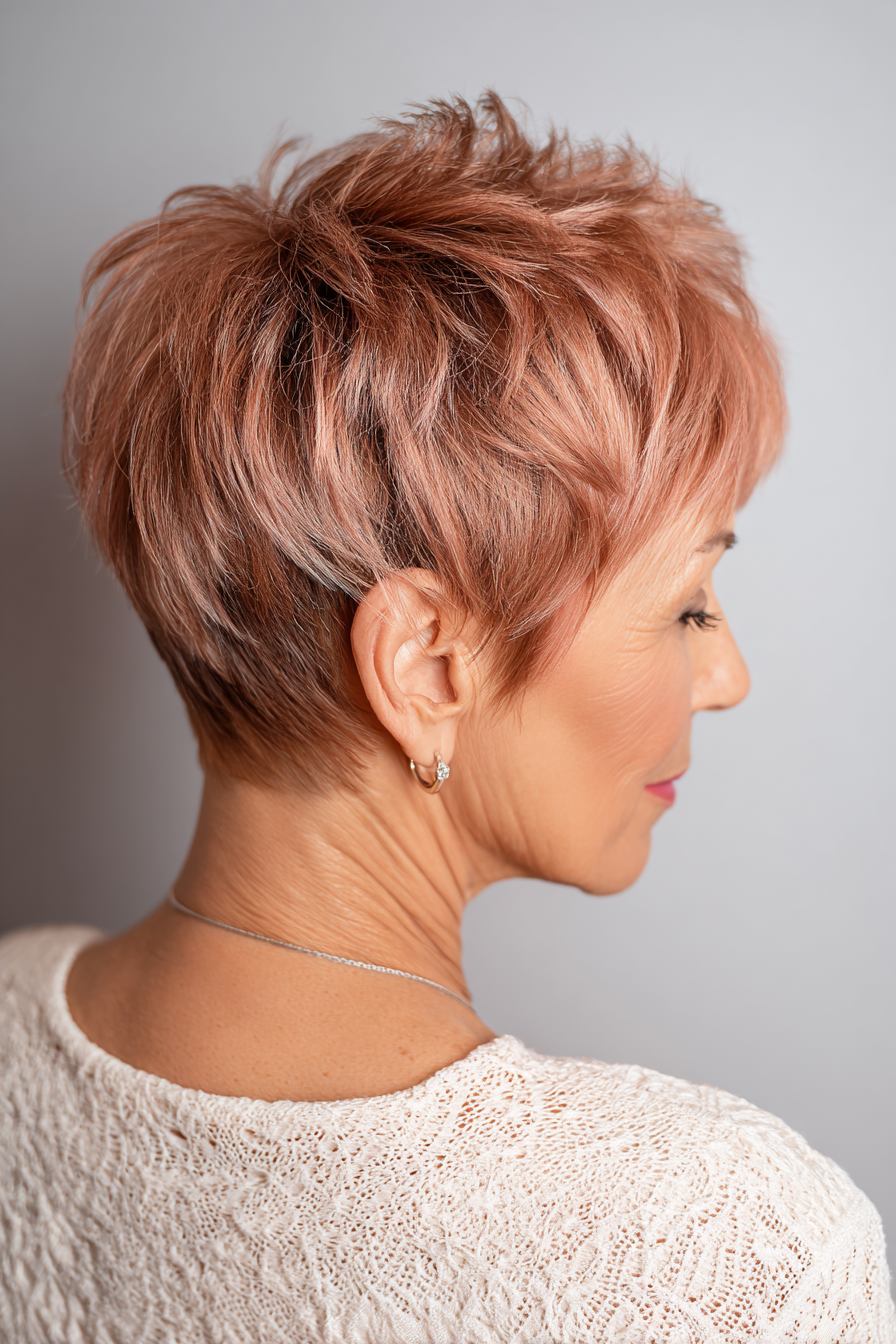 16. Stufen-Pixie mit roségoldenem Glanz (Stufen-Pixie-Haarschnitte für Frauen über 60) – Stufen-Pixie-Haarschnitte für Frauen über 60