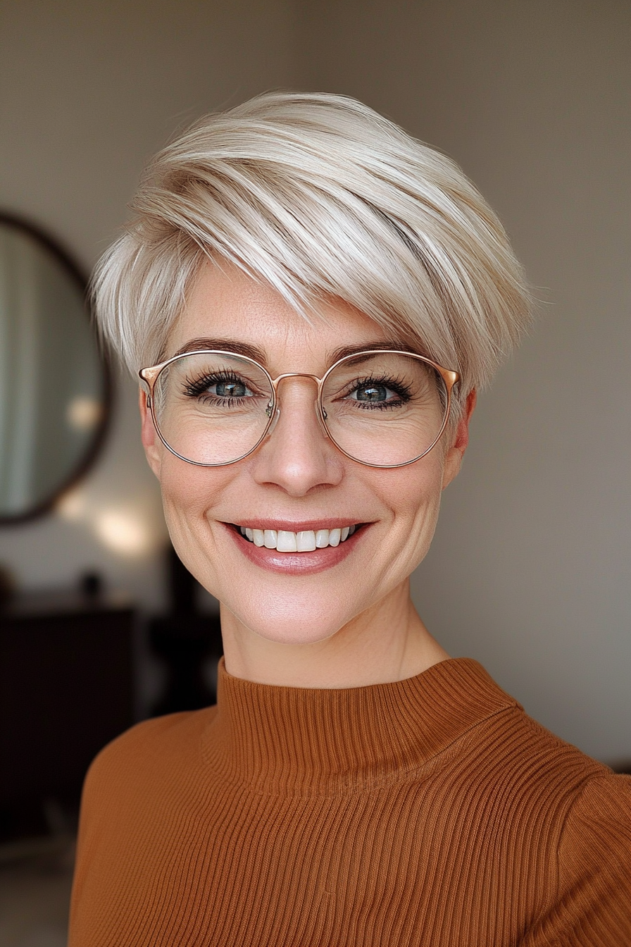 16. Schichtplatinpixie (Pixie -Haarschnitte für Frauen über 50 mit Brille) - Pixie -Haarschnitte für Frauen über 50 mit Brille