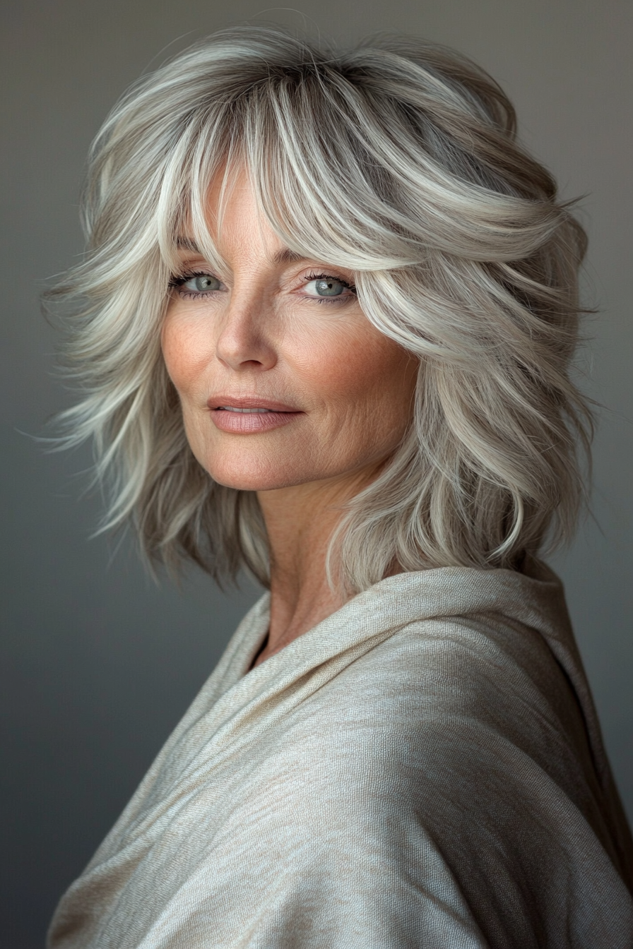 16. Leichter golden grau geschichtter Bob (zottelige Geschichtsfrisuren für Frauen über 50) - Shaggy Layered Frisuren für Frauen über 50