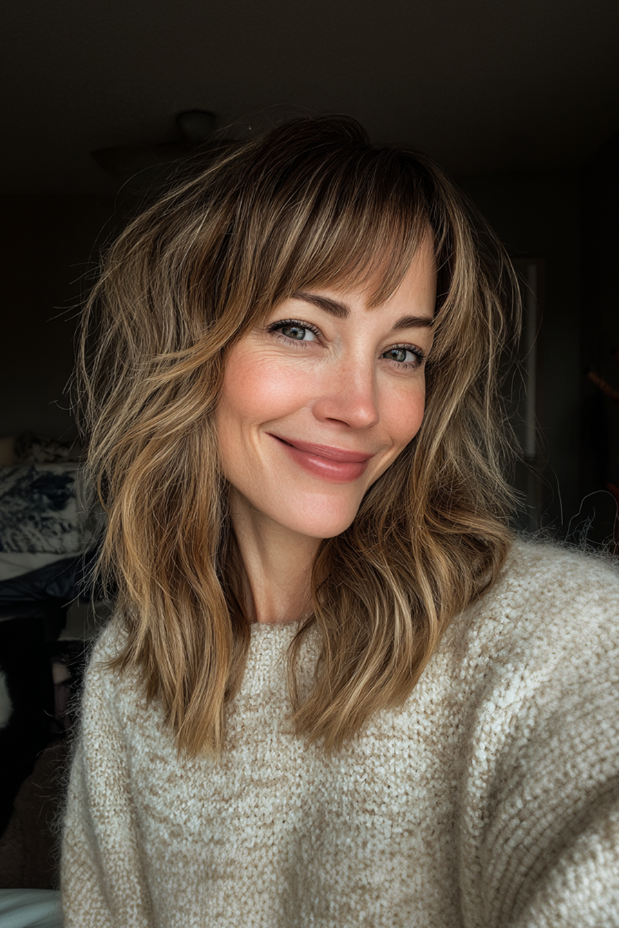 16. Langer Shag mit warmen blonden Highlights (freche Frisuren für Frauen über 40) - freche Frisuren für Frauen über 40