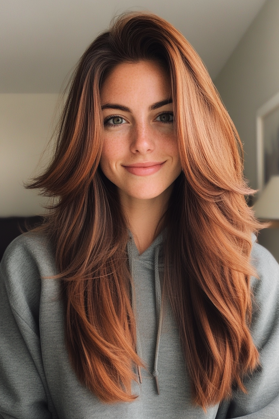 16. apelbraune Sturzschichten (lang geschichtete Haarschnitte) - lang geschichtete Haarschnitte