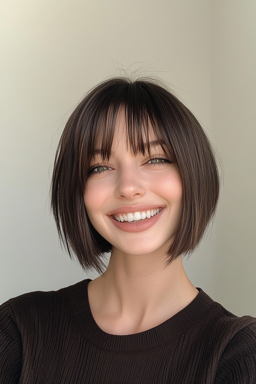 16. Micro Bob mit dunkler Schokoladen -Glätte (kurze Haarschnitte mit Vorhang Pony) - kurze Haarschnitte mit Vorhangstücken