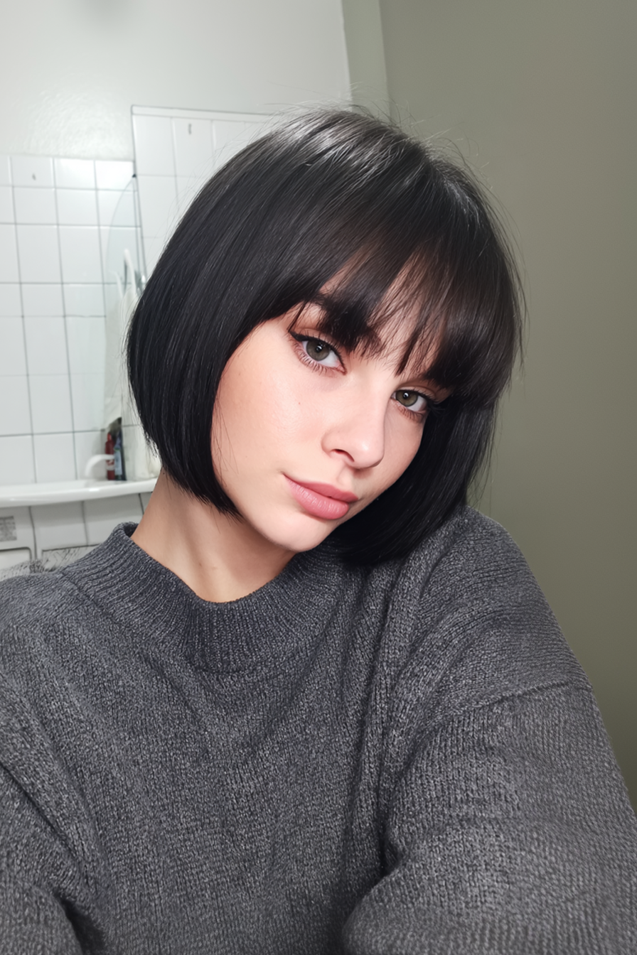 16. Minimaler Bob mit zentrierten Pony in Holzkohlegrau (kurze Bob -Frisuren mit Pony) - kurze Bob -Frisuren mit Pony